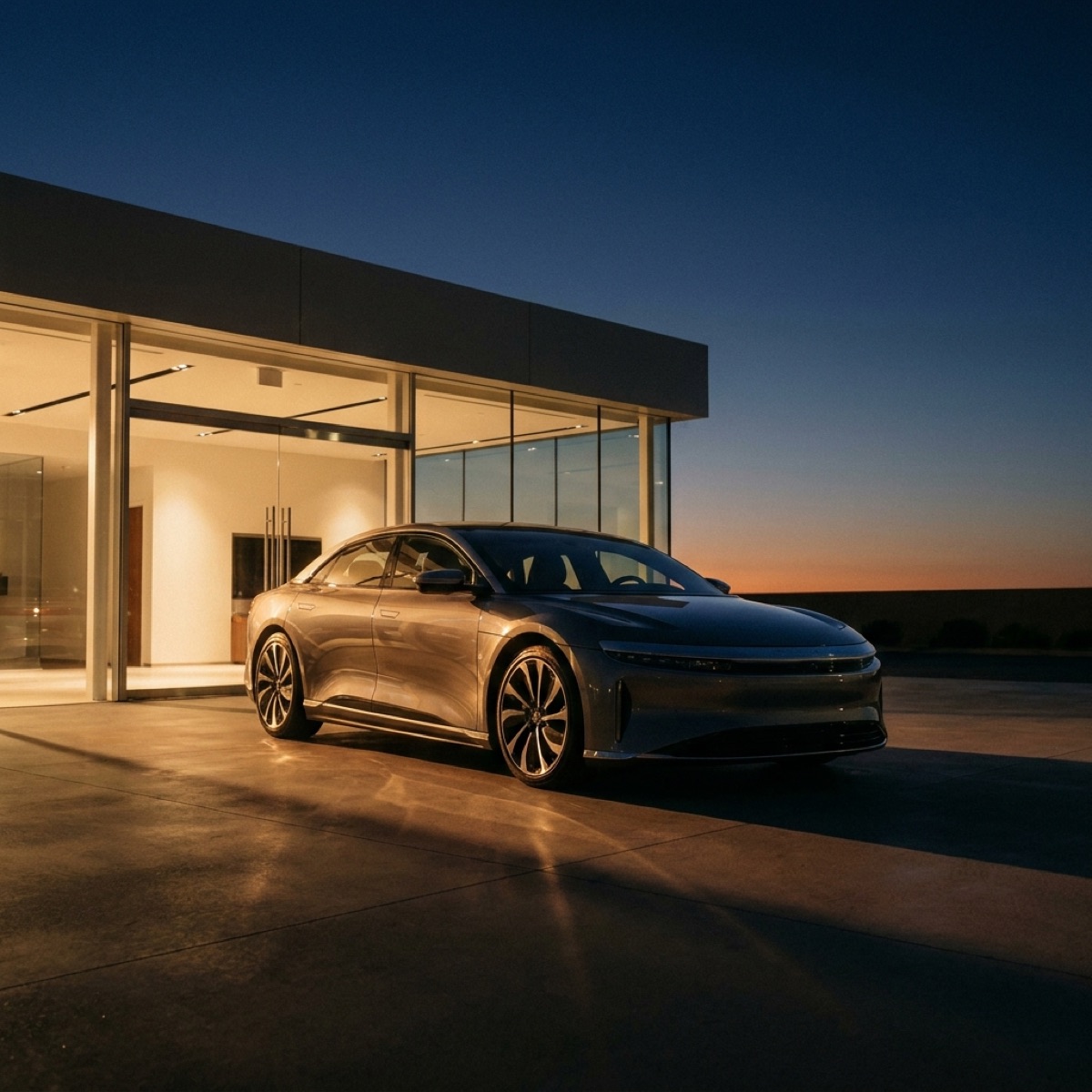 Sleek silver electric sedan at a dealership