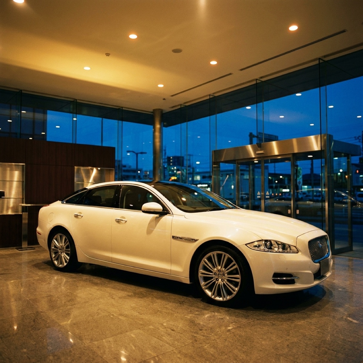 Pearl white hybrid sedan in a glass showroom