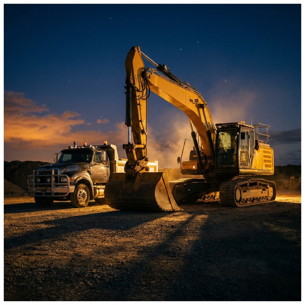 Commercial excavator and work truck at golden hour